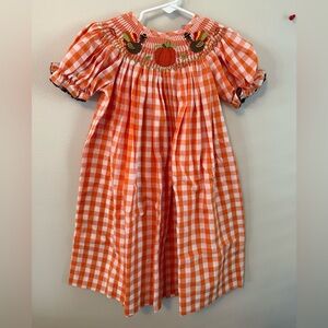 Three Sisters Fall Turkey and Pumpkin Orange Gingham Smocked Dress